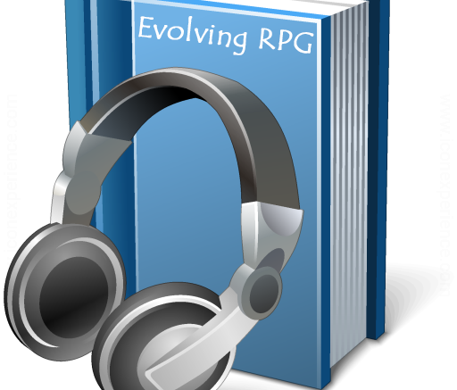 Headphones leaning up against a book titled evolving rpg