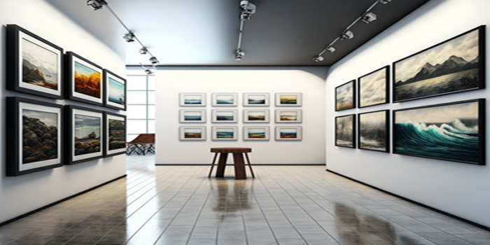 Modern style art gallery with rows of paintings on a wall