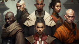 a group of monks containing both males and females of mix fantasy races in a line up posing for a picture, Game of Thrones style, Kung Fu style, realistic