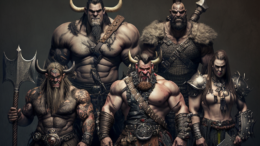 a group of muscular barbarians including both human and orc in a lineup posing for a picture brandishing huge weapons including axes, medieval fantasy style, realistic