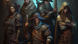 a group of rogues in a lineup posing for a picture brandishing weapons including daggers, medieval fantasy style, realistic
