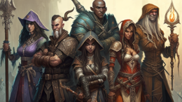 a group of sorcerers containing both males and females of mix fantasy races including elves and dwarves in a line up posing for a picture wielding magical arcane weapons, medieval fantasy style, realistic