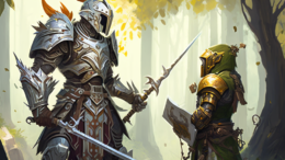 A holy paladin in heavy plate armor engaged in a heated debate with a slender male elf nature druid, who is dressed in simple robes made from natural materials and carrying a staff or bow. The paladin, dedicated to their holy mission, is clashing with the druid's commitment to preserving the balance of the natural world. The argument centers around conflicting approaches to a difficult situation, such as how to handle the destruction of a forest by an evil force. The paladin, brandishing their weapon, advocates for direct action, while the druid, clutching their staff or bow, suggests a more diplomatic solution. Despite their differences, the two may have to work together to defeat a common enemy, showing the unique and complementary skills they bring to the table.