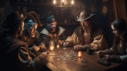 a photograph of a group of adventures playing poker in a cozy tavern, gold and silver coins scattered on the table, pile of gold and silver coins in the center of the table