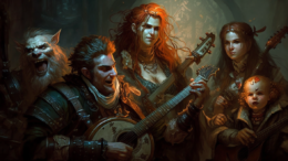 a photography of a group of charismatic bards, some of the bards are singing, musical instruments in the background