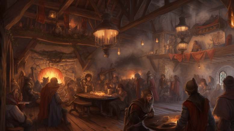 a packed medieval fantasy tavern with performers and patrons along with a burning fireplace