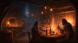 concept art of a medieval fantasy tavern murder mystery scene