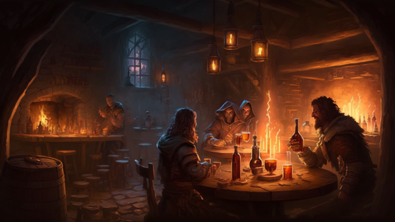 concept art of a medieval fantasy tavern murder mystery scene