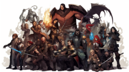 a wide angle shot of a group photo of Dungeons & Dragons 5e classes