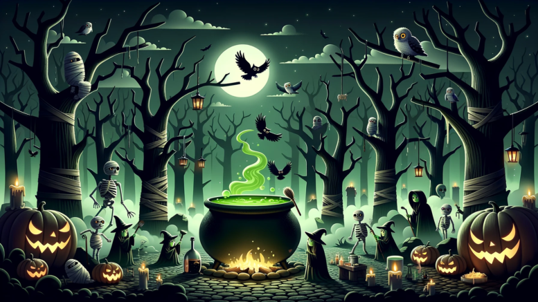 A dark forest with twisted trees, owls, mummies, ghouls, and witches around a bubbling cauldron.